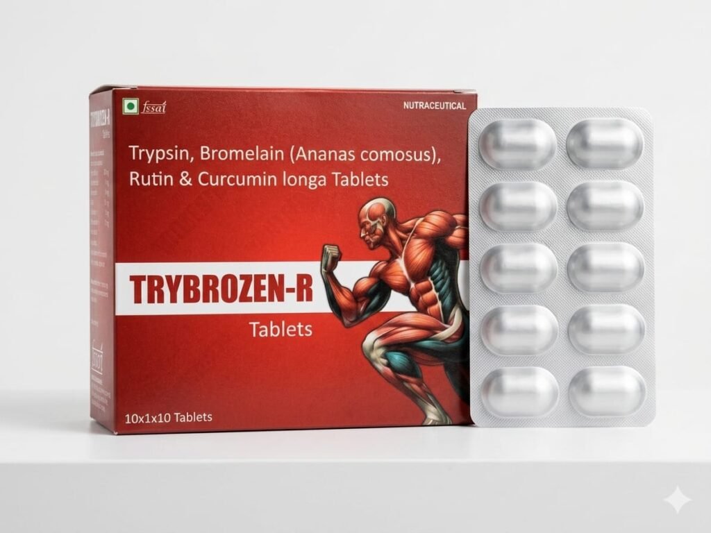 Trypsin 48 mg, Bromelain 90 mg, Rutin 200 mg, Curcuma Longa 95mg Tablet